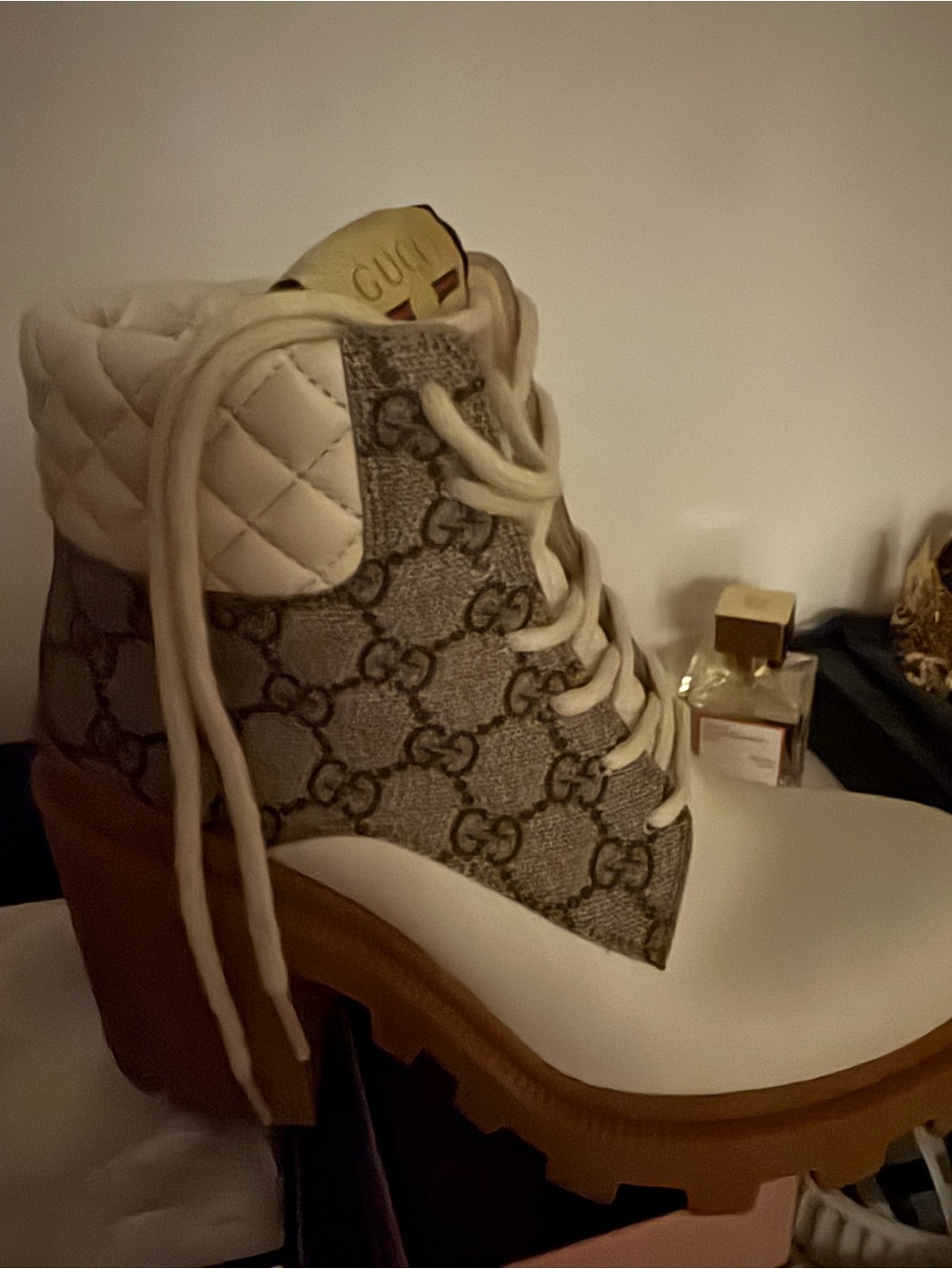 Gucci Cream, Brown & Tan Quilted-Collar Lug Sole Ankle Boot - Picture 3 of 9